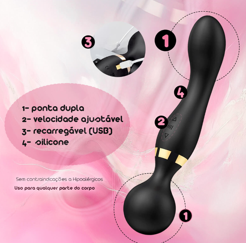 Massageador Elétrico Portátil [Preto] vibrador ponta dupla , Massageador de silicone recarregável com múltiplas frequências